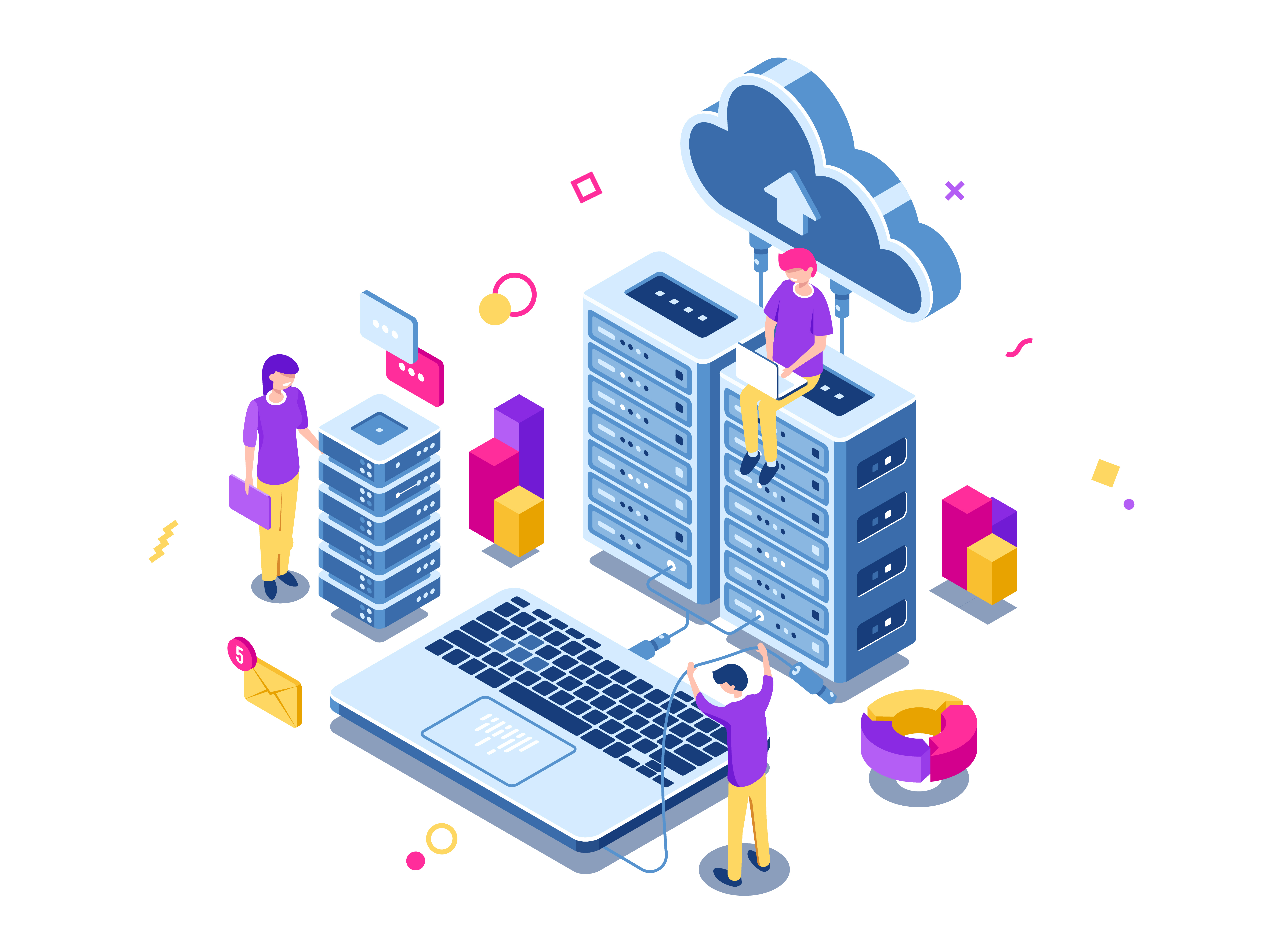 Isometric illustration of cloud computing with servers, a laptop, and a cloud upload icon.