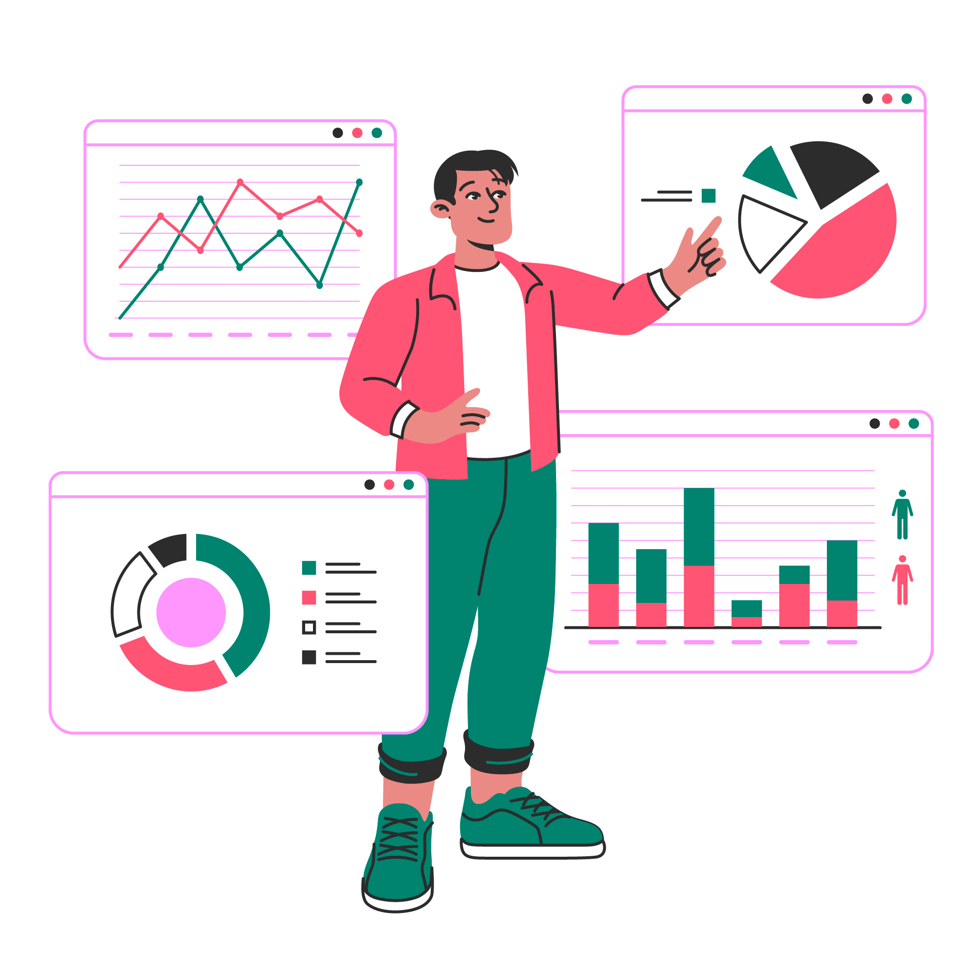 Illustration of a developer explaining DORA metrics in DevOps with visuals and data charts