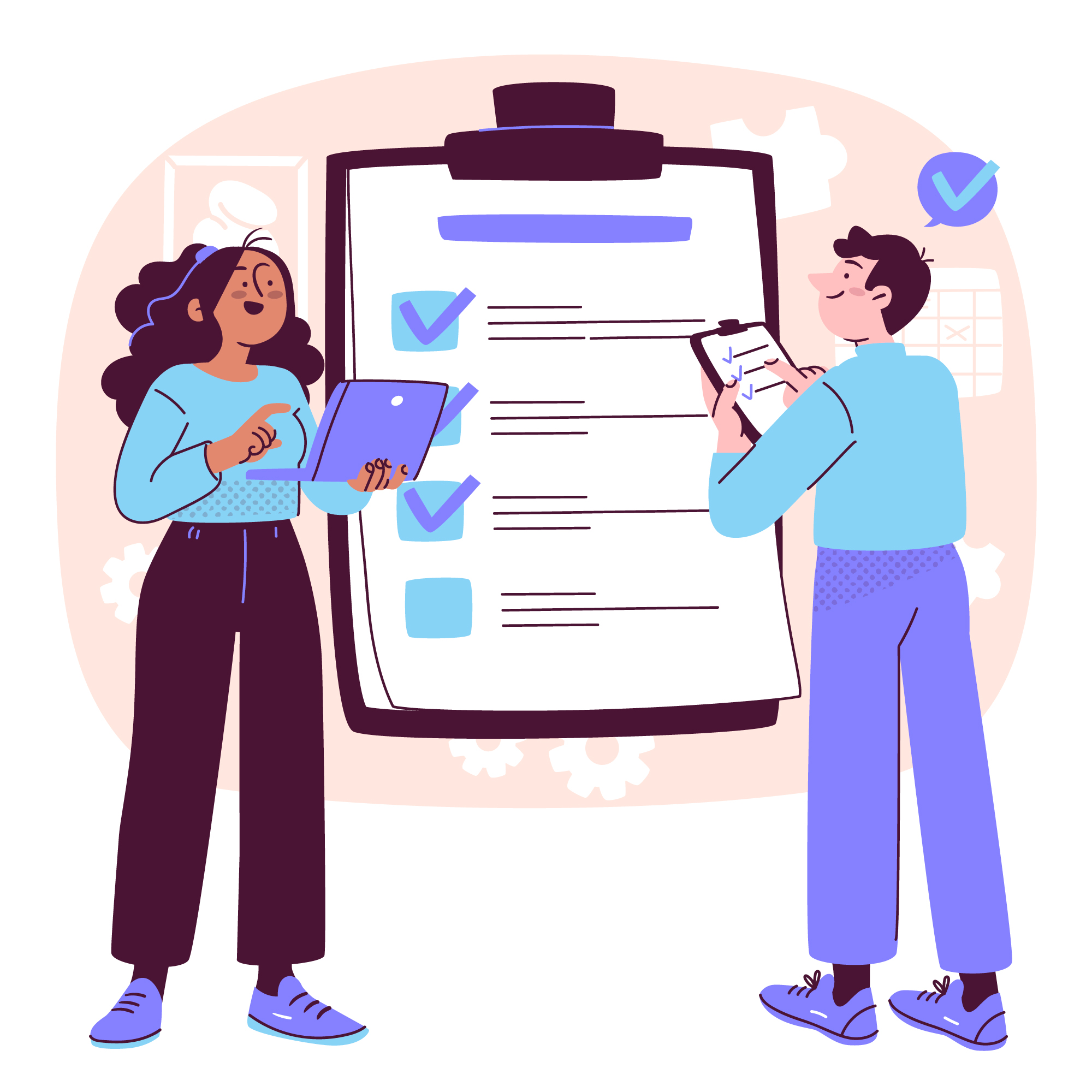 Illustration of two people reviewing a checklist on a large clipboard, representing final thoughts and action items