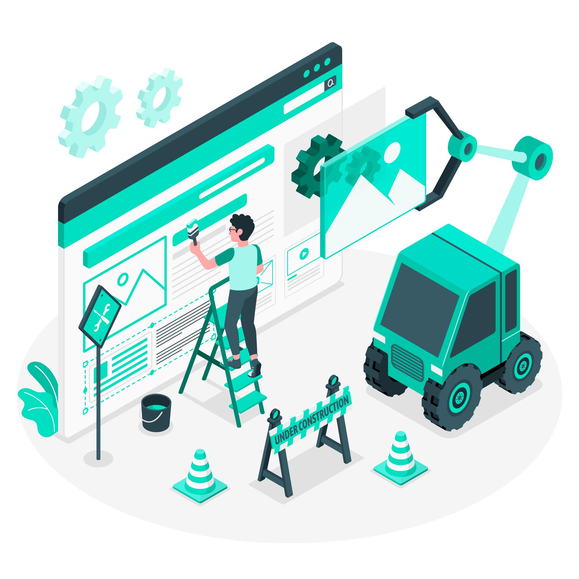 Illustration of a website under construction with a person painting and a robotic arm placing an image