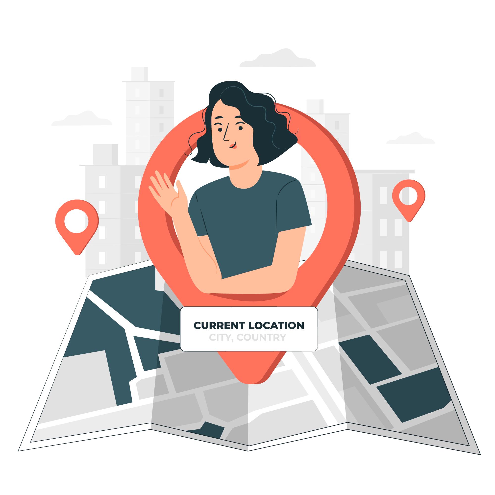Illustration of a person inside a location pin on a map, representing current location tracking.