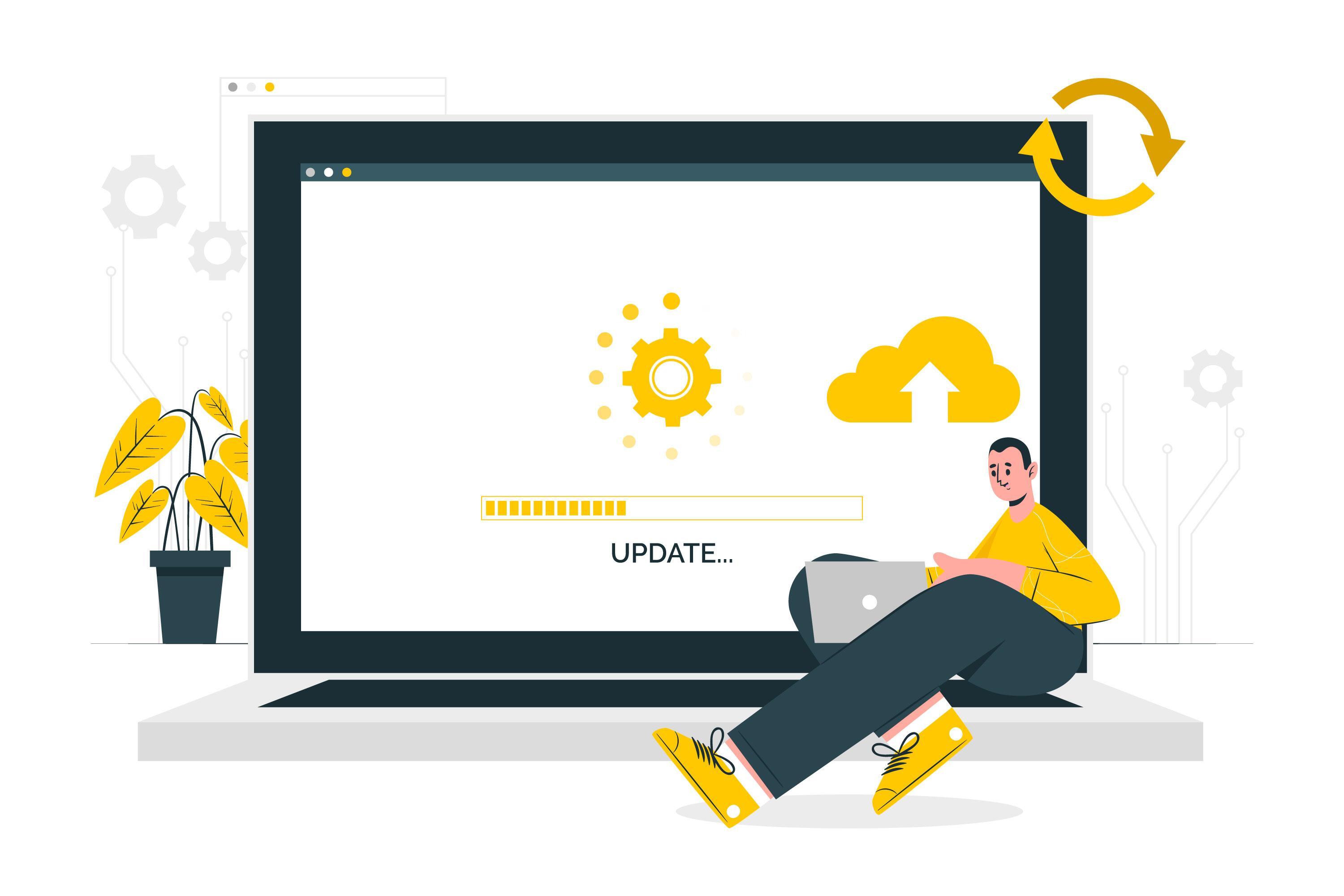 Illustration of a person sitting with a laptop in front of a large screen showing a software update in progress, with cloud upload and refresh icons representing system updates and synchronization.