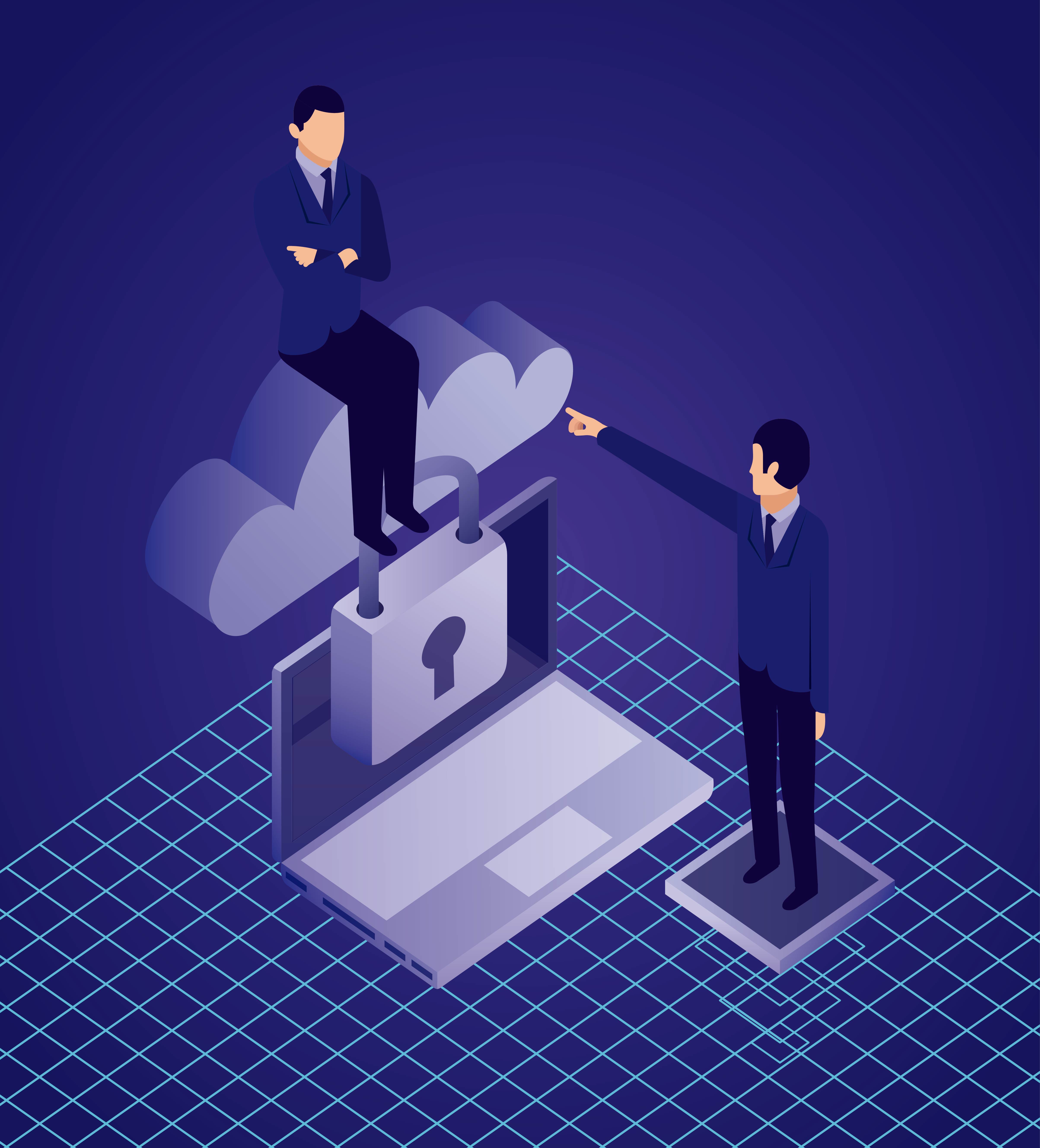 Cybersecurity concept with businessmen, cloud storage, and a locked laptop
