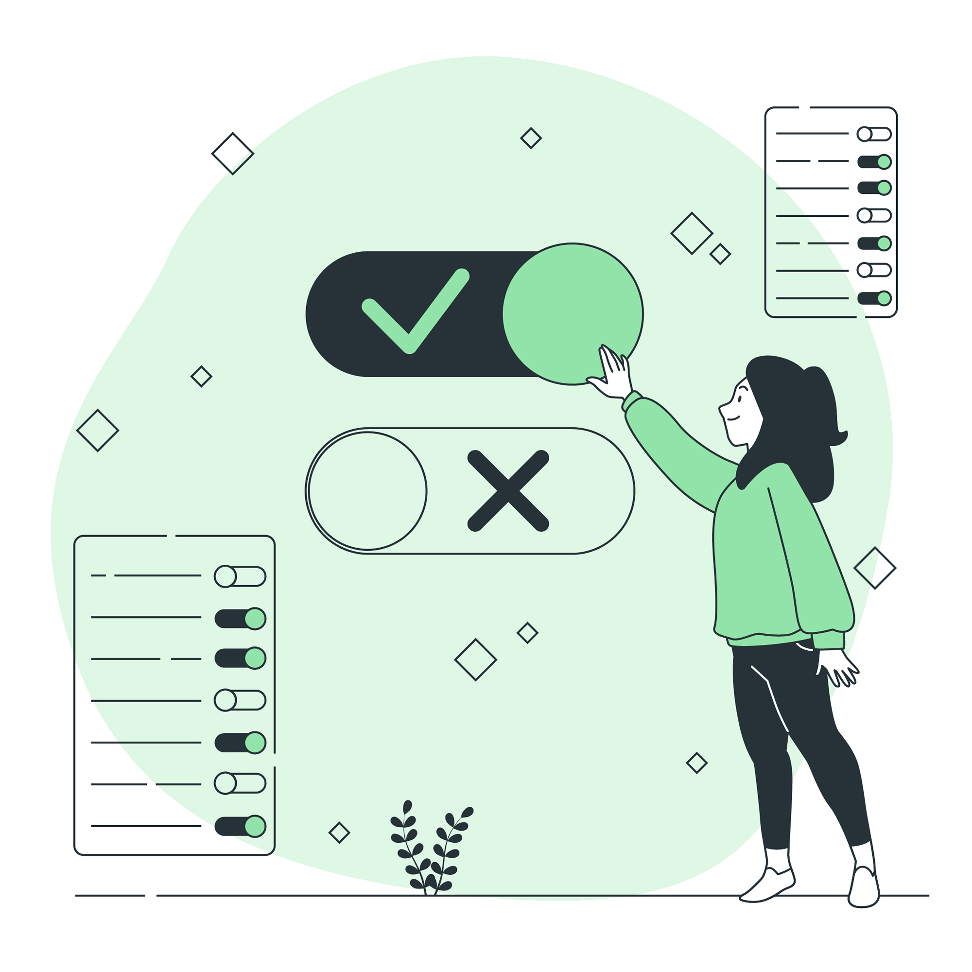 Minimalist illustration of a woman enabling a toggle switch with a checkmark.