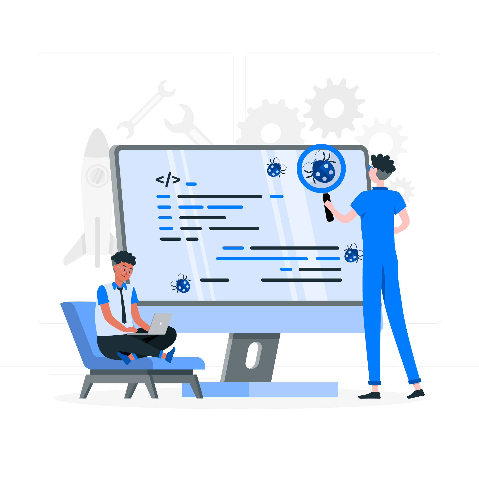 Illustration of developers debugging code, with one person using a magnifying glass to find bugs on a large screen.
