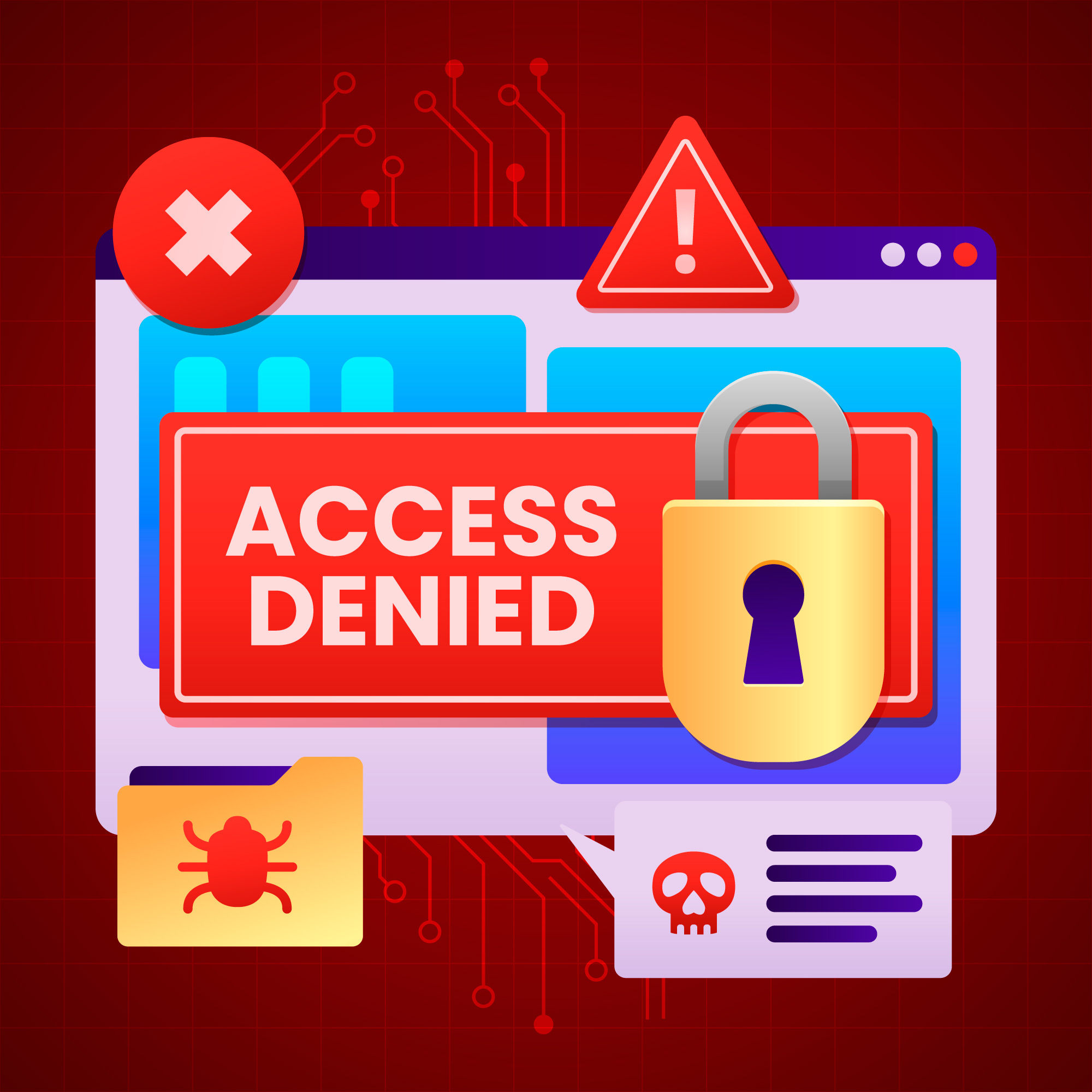 Access Denied warning with a locked padlock, error symbols, and malware icons—representing SFTP permission issues on a Bitnami server.