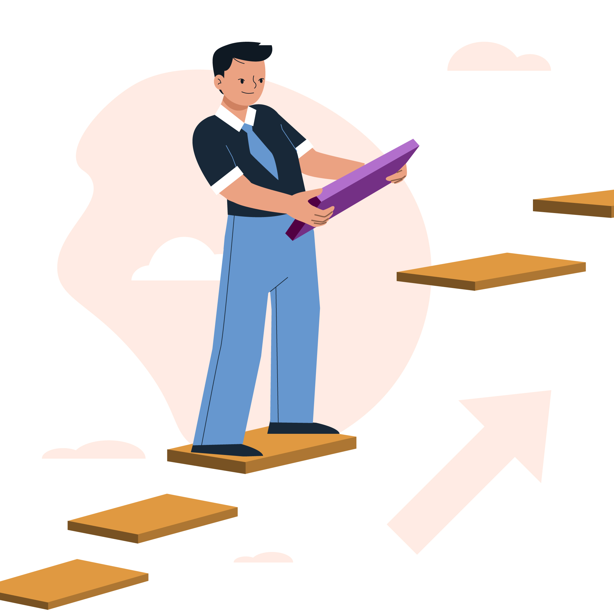 Illustration of a person climbing steps with a pencil, symbolizing step-by-step cloud cost reduction