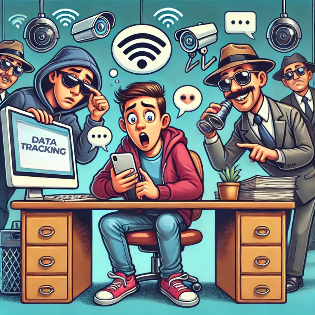 Shocked man on phone surrounded by spies, hackers, and surveillance cameras, symbolizing data tracking and privacy invasion.