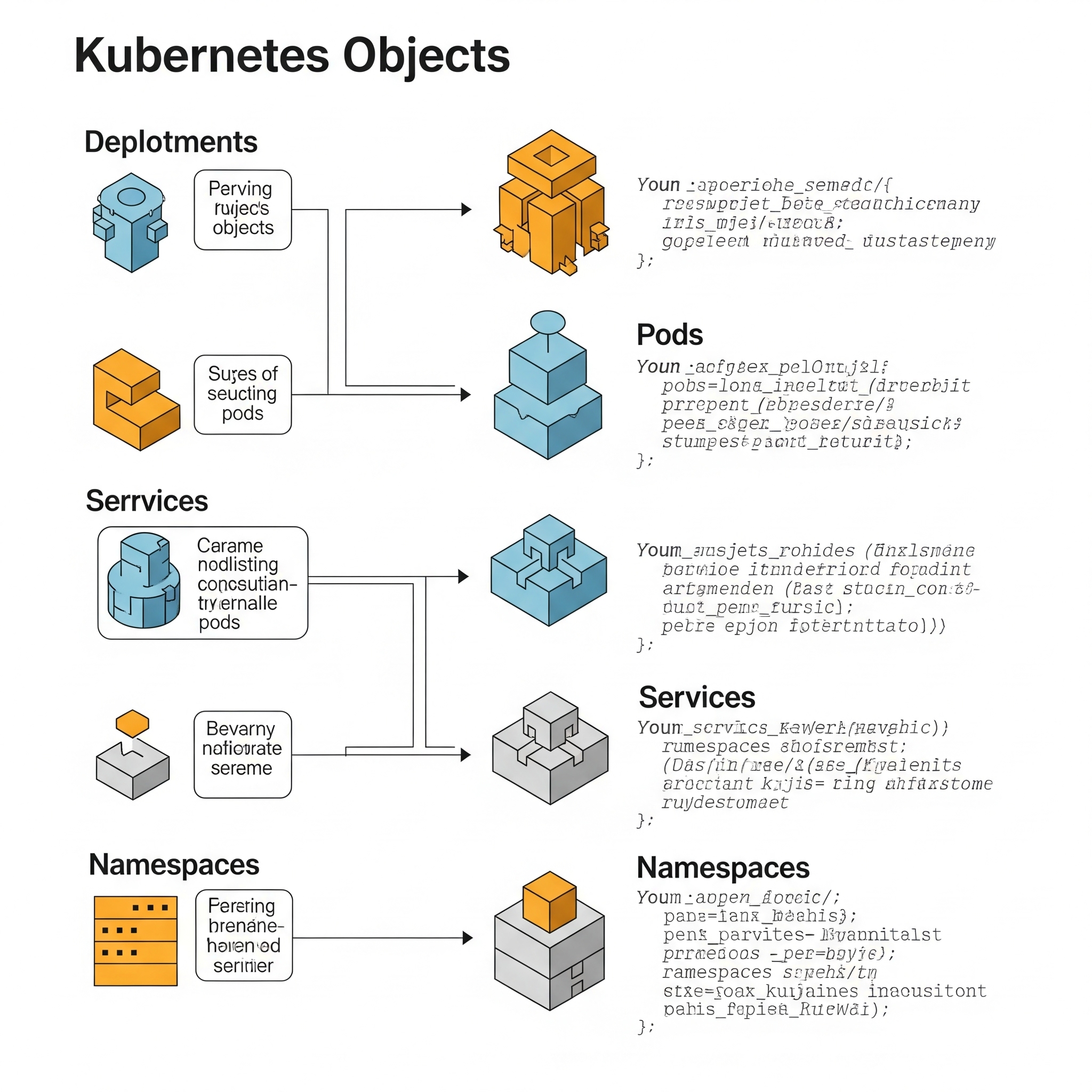 Kubernetes objects infographic showing deployments, pods, services, and namespaces with code examples