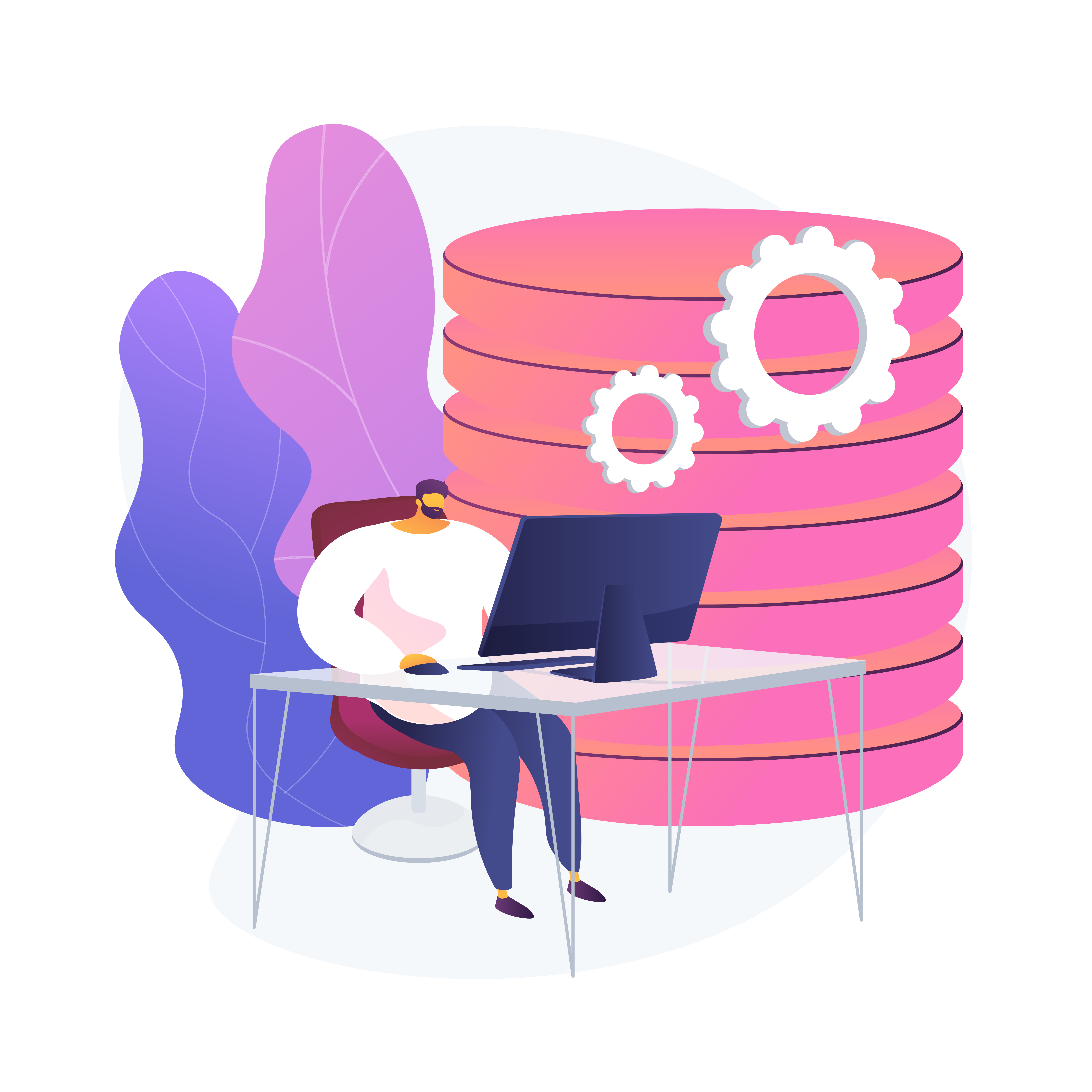 Illustration of a person working on a computer with a large database stack in the background, representing database management and optimization.