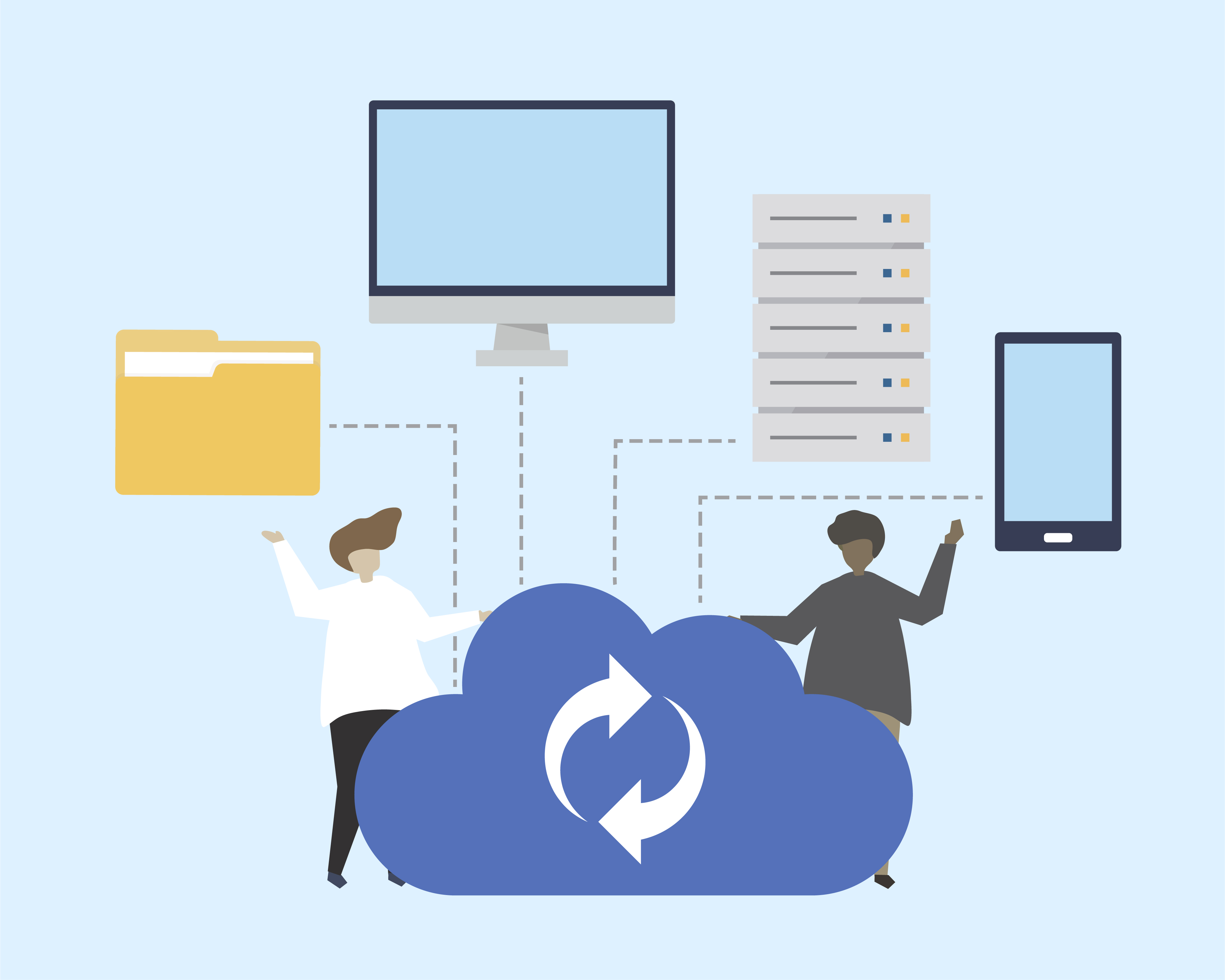 Cloud migration illustration with data sync across devices.