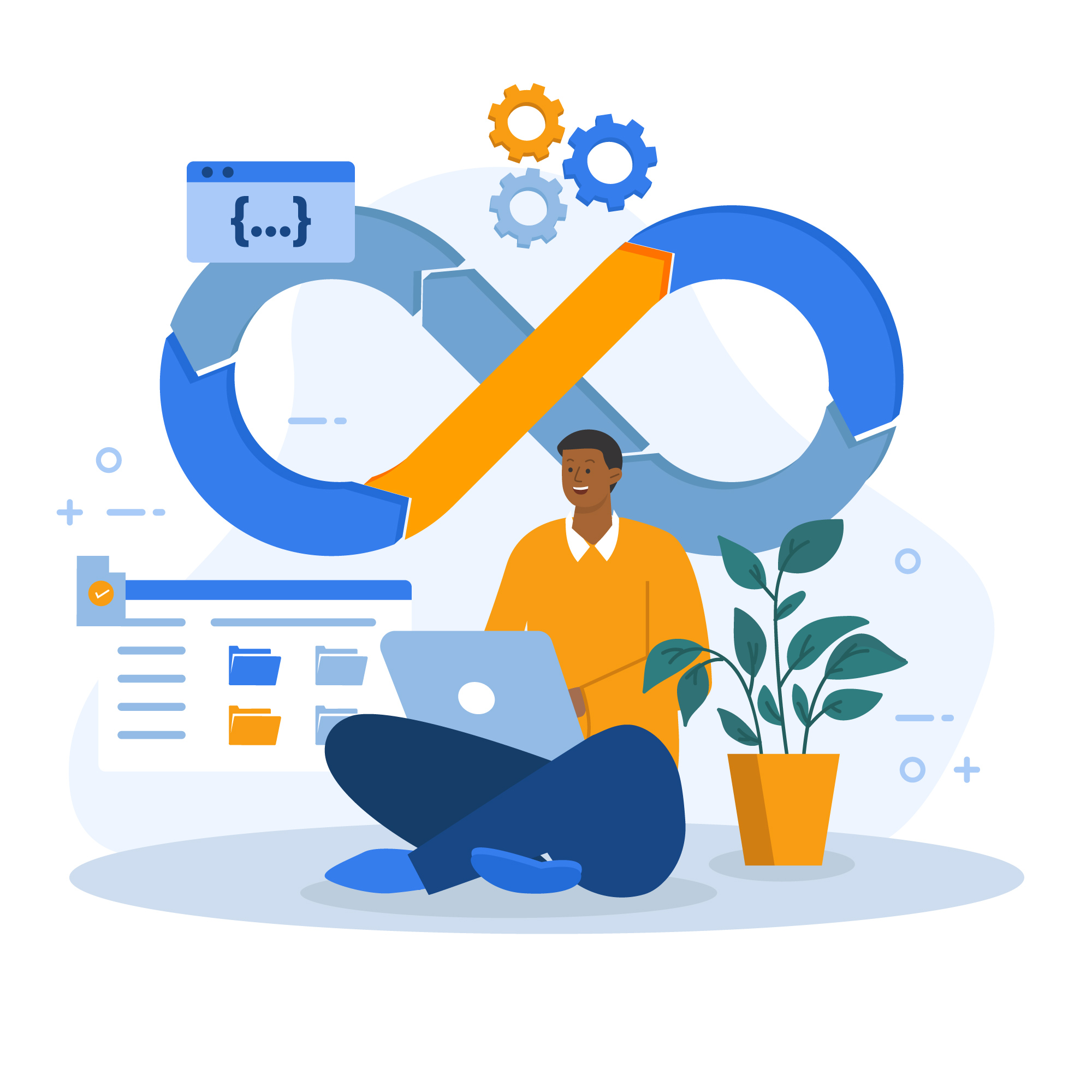 DevOps engineer working on CI/CD automation with an infinity loop symbol.