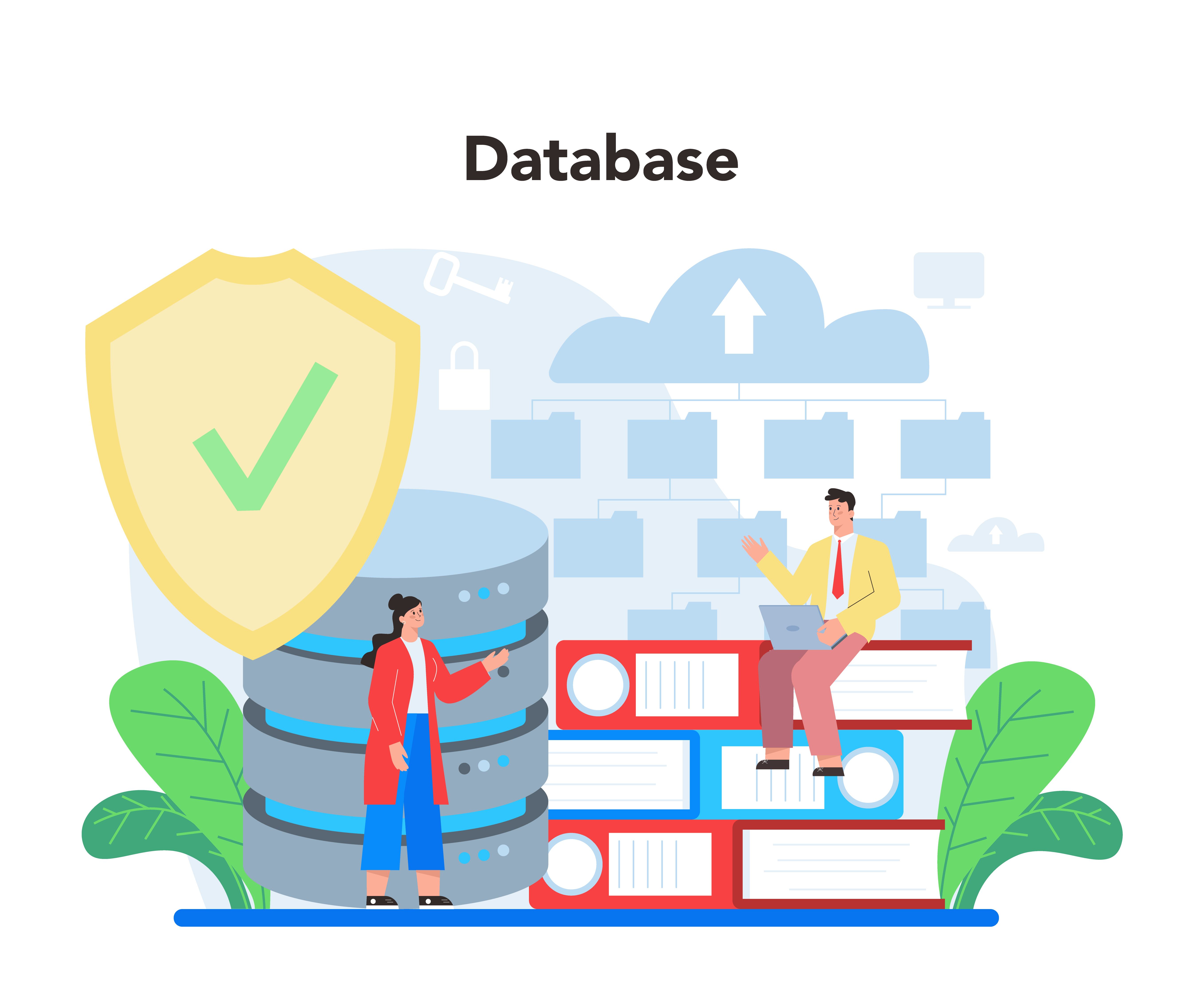 Illustration of a secure database with a shield, cloud storage icons, and two people interacting with servers and files