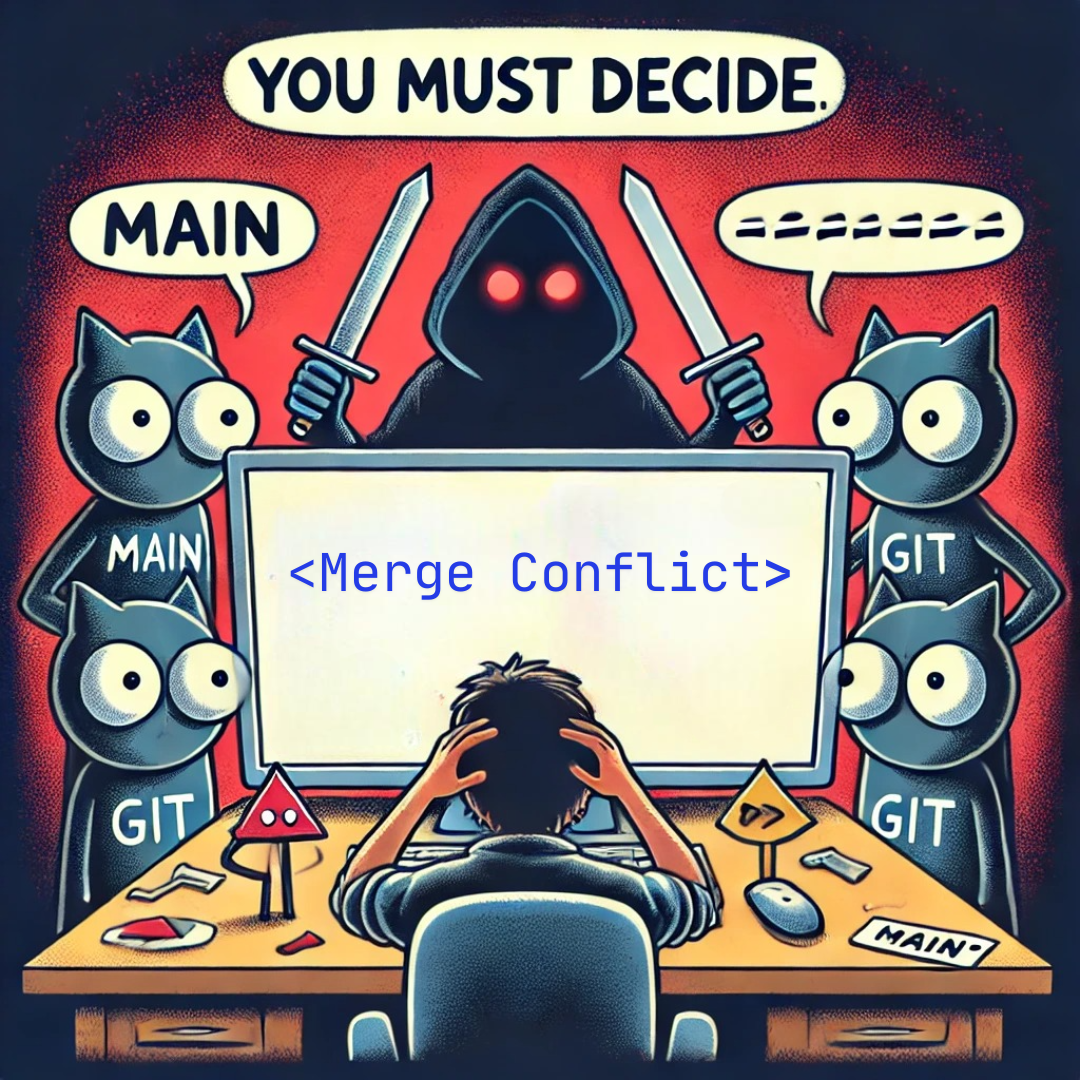 A developer facing a Git merge conflict, surrounded by GitHub mascots and a hooded figure demanding a decision between branches.