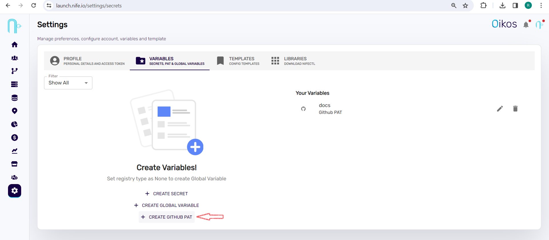 create variables page