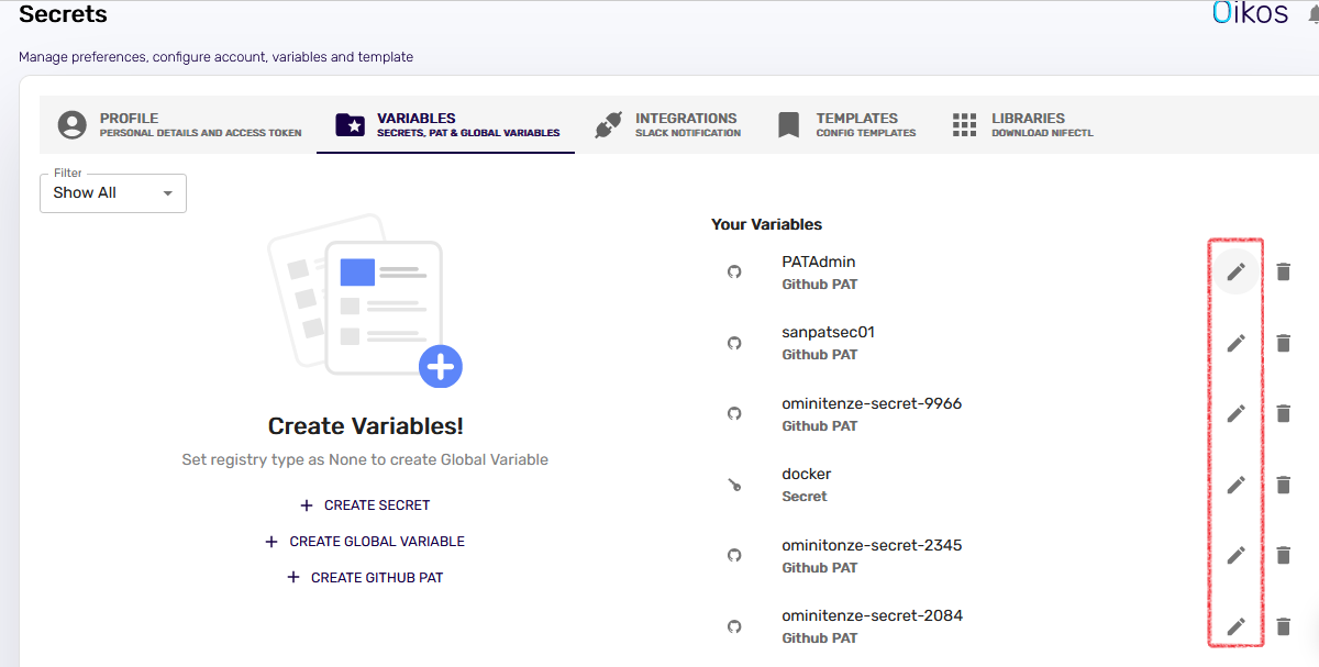 Variables page