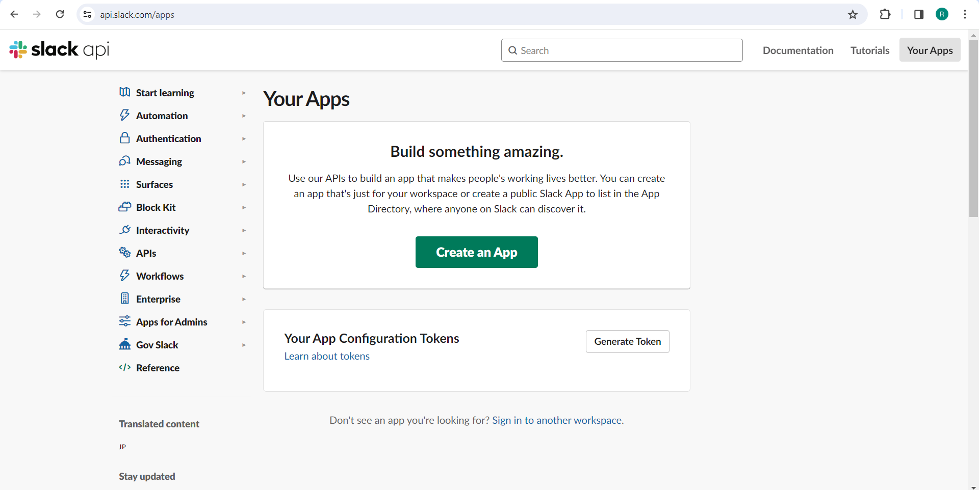 Slack api page - Create an App