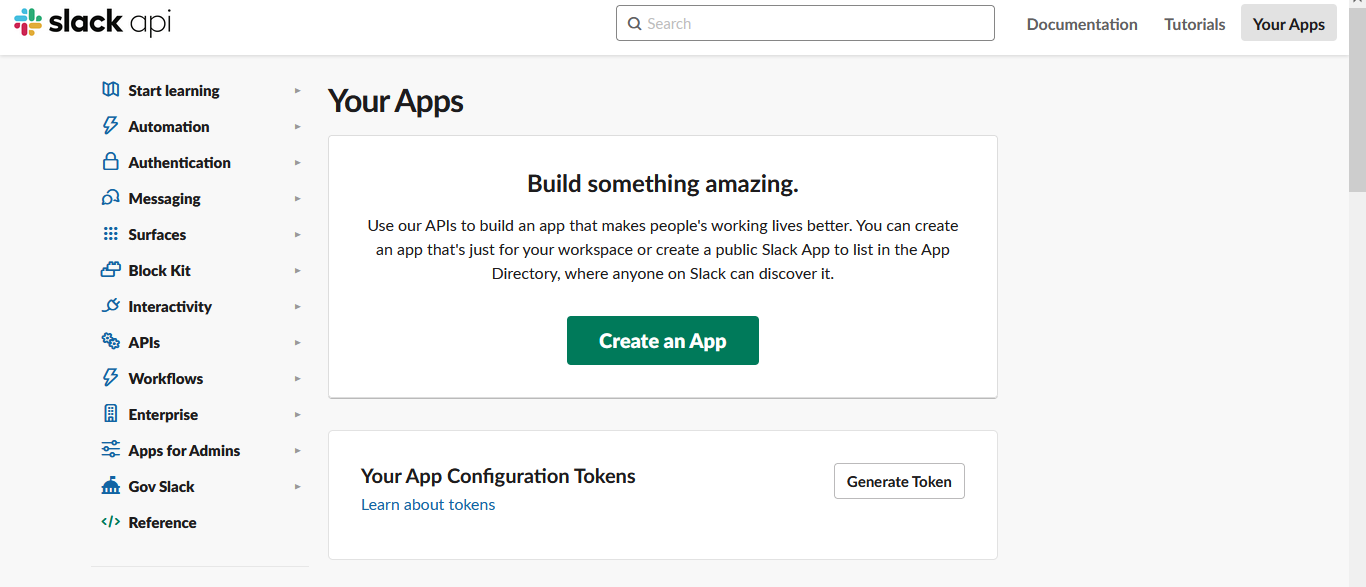 Slack api page - Create an App