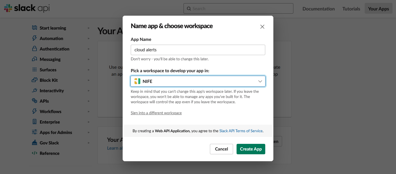 Slack api page: select your workspace