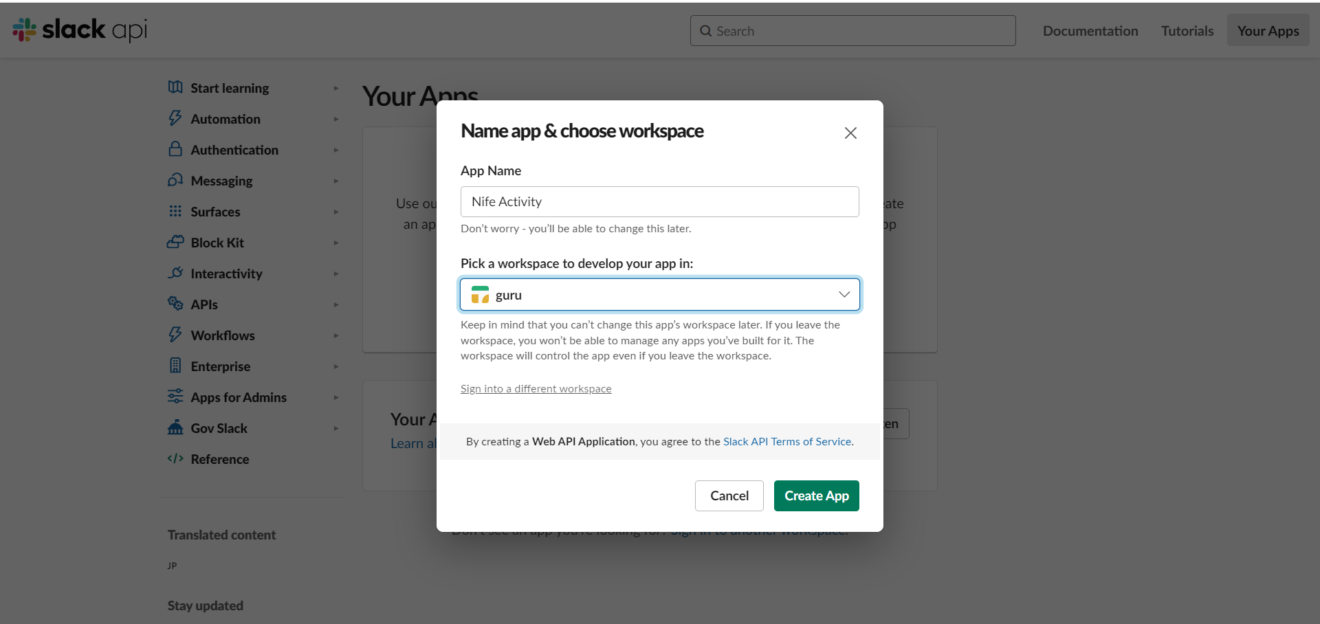 Slack api page: select your workspace