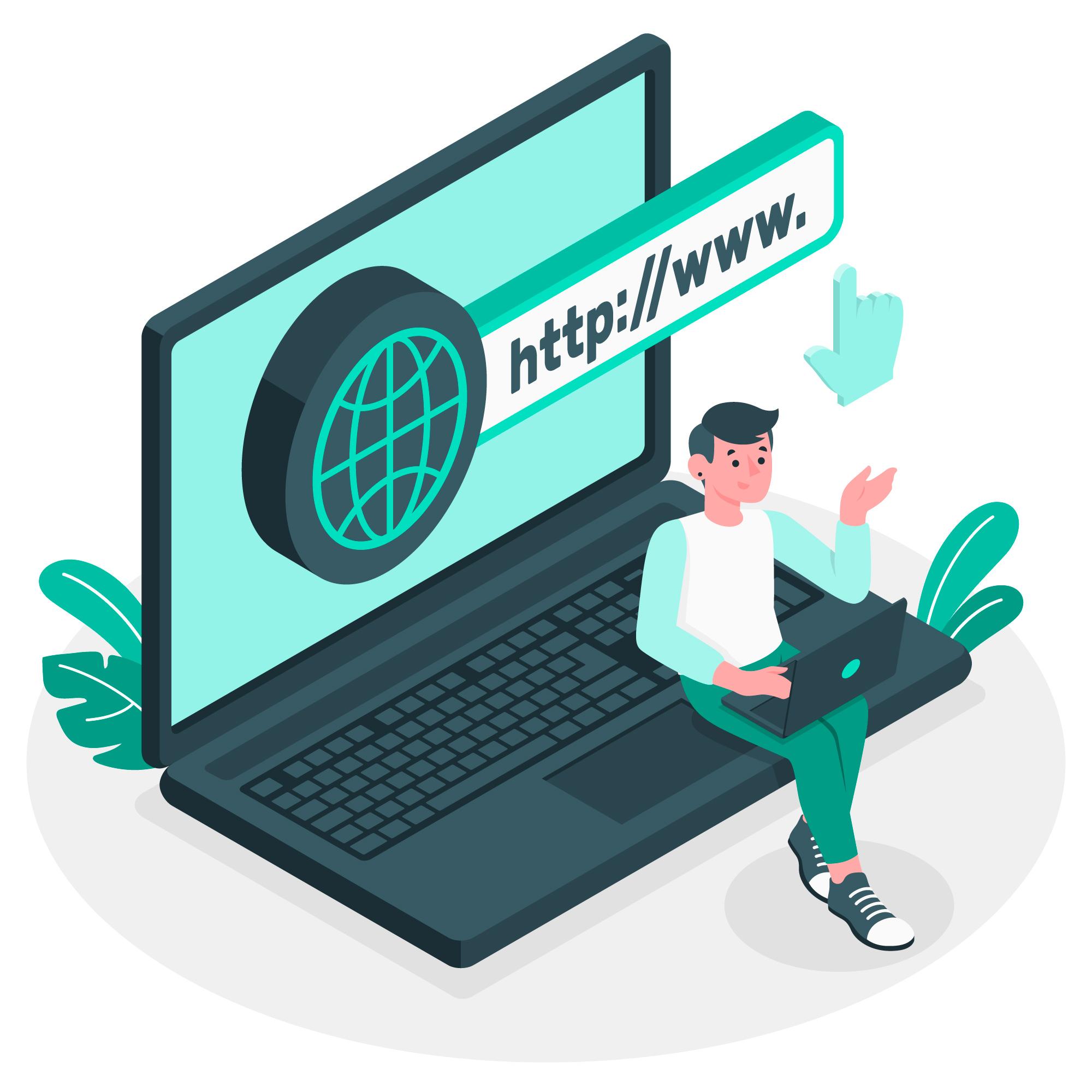 Illustration of a person using a laptop with a large screen displaying a web address, symbolizing website development or WordPress